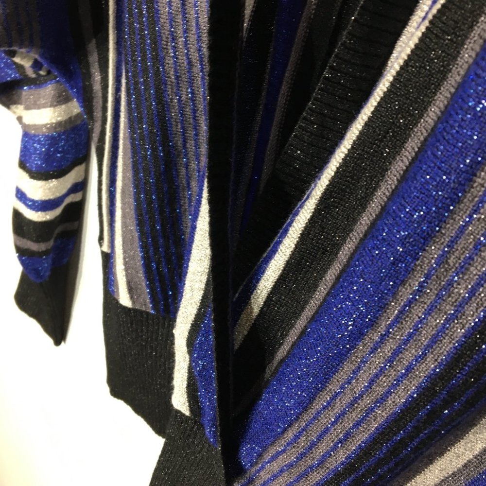 Vintage 90's Black Blue Silver Batwing Cross Over Sweater, Plunging V, Disco - L - Picture 4 of 10
